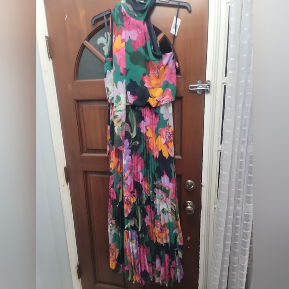 XSCAPE  Pleated Floral Chiffon Scarf Dress - Picture 4 of 9